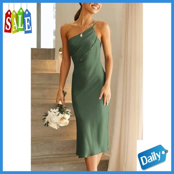 One Shoulder Satin Midi Dress Backless Bodycon Formal Summer - Picture 4 of 8